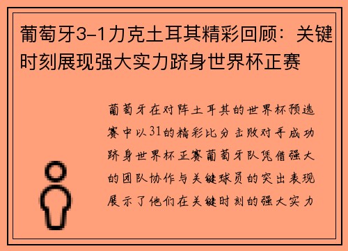 葡萄牙3-1力克土耳其精彩回顾：关键时刻展现强大实力跻身世界杯正赛