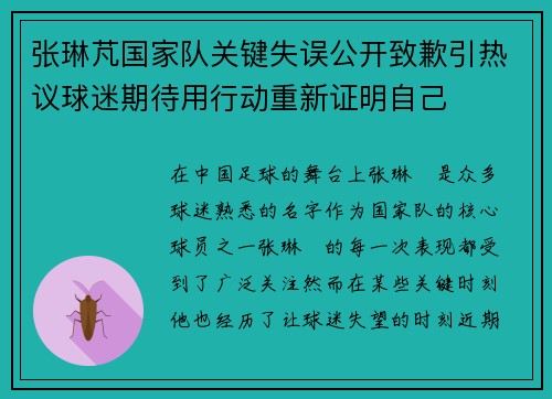 张琳芃国家队关键失误公开致歉引热议球迷期待用行动重新证明自己