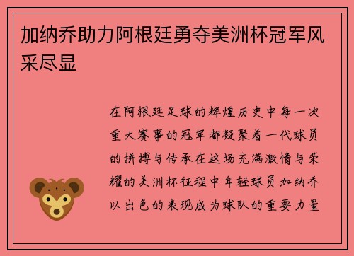 加纳乔助力阿根廷勇夺美洲杯冠军风采尽显 加纳乔助力阿根廷勇夺美洲杯冠军风采尽显