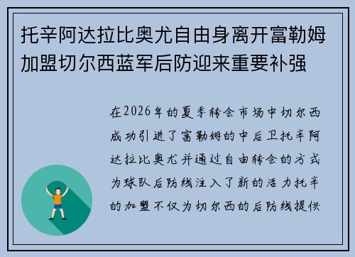 托辛阿达拉比奥尤自由身离开富勒姆加盟切尔西蓝军后防迎来重要补强 托辛阿达拉比奥尤自由身离开富勒姆加盟切尔西蓝军后防迎来重要补强
